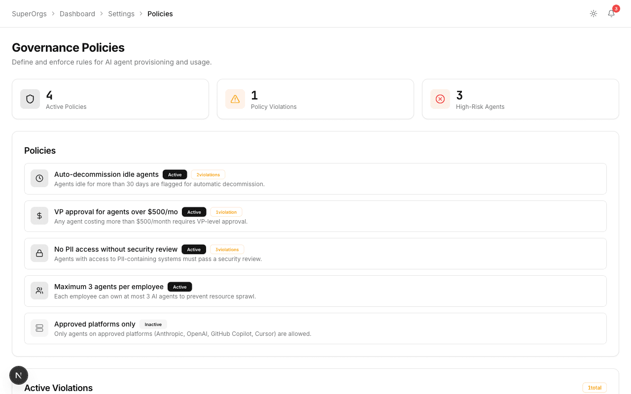 Governance dashboard with audit logs and compliance controls